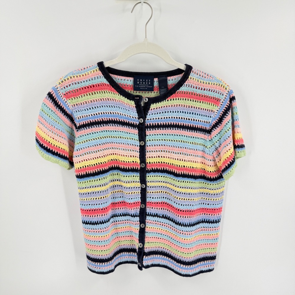 Vintage 90s Crazy Horse Knit Cardigan Multicolor PXL Crochet Striped Rainbow